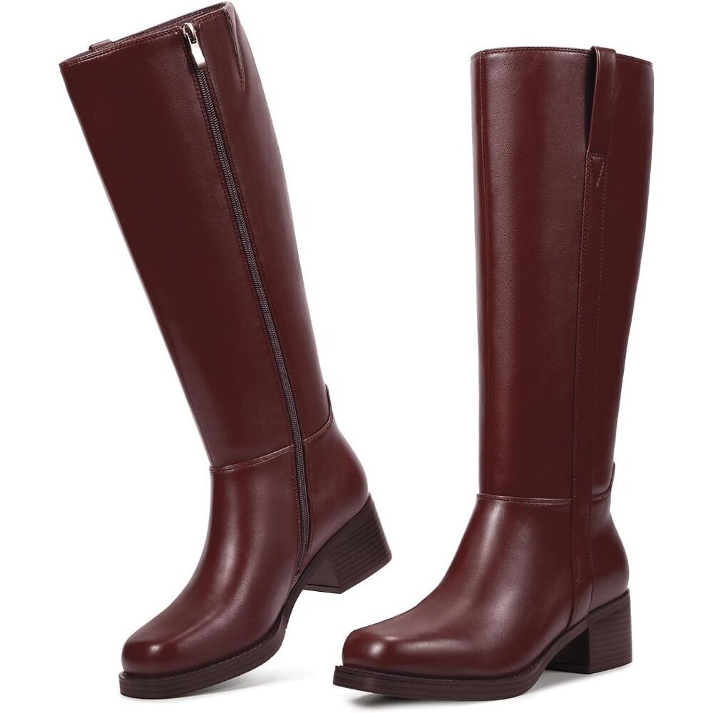 Women’s Burgundy Knee High Boots Platform Chunky Block Heel Riding Tall Boots